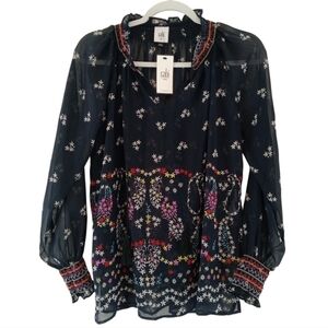 CAbi Blue Sleeve Graphic Blouse with Mandarin Collar